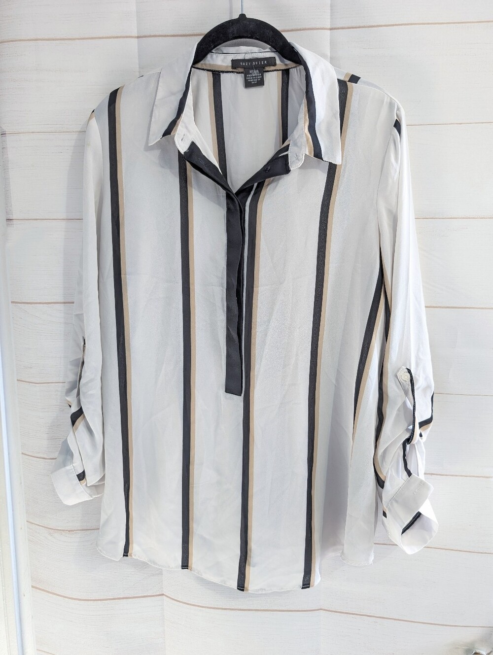 Nwot Suzy Shier Striped Button-Front Blouse White with Black & Tan Stripes M